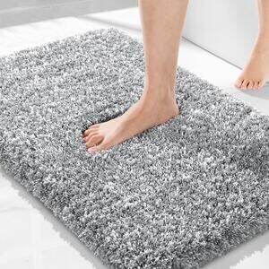 * New Yimobra Bathroom Rugs Non Slip Washable 32x20, Light Gray & White